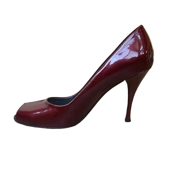 Stuart Weitzman Burgundy Red Stiletto Patent Leather Peep Toe Heels 8 - Picture 6 of 11